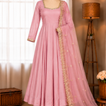 Pink Color Pure Chinon With Neck Work Suit Pent