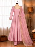 Pink Color Pure Chinon With Neck Work Suit Pent
