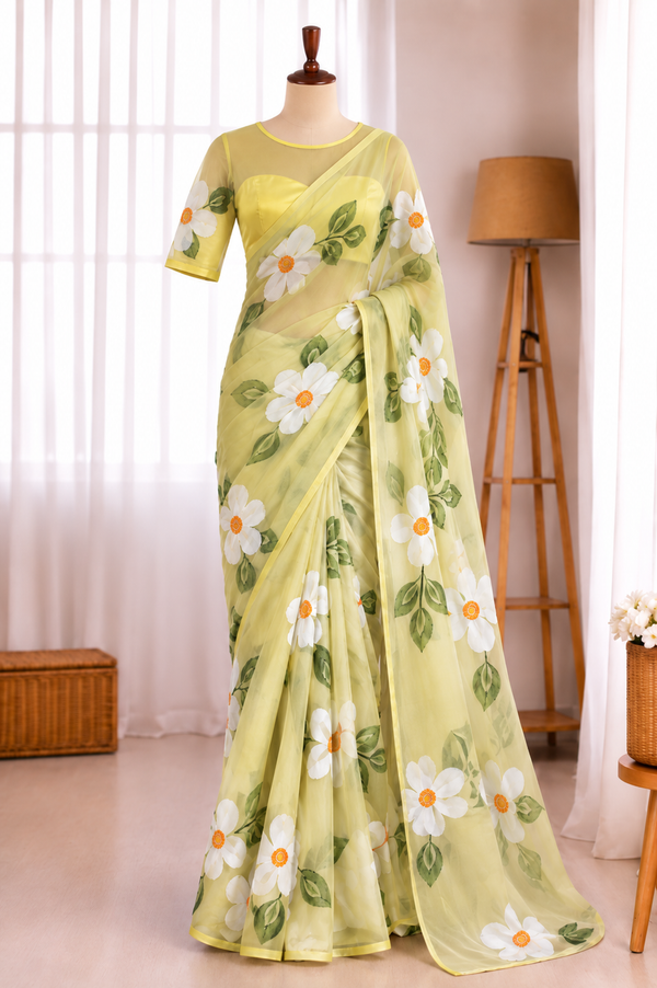 Pure Chiffon Saree With Handbrush Paint