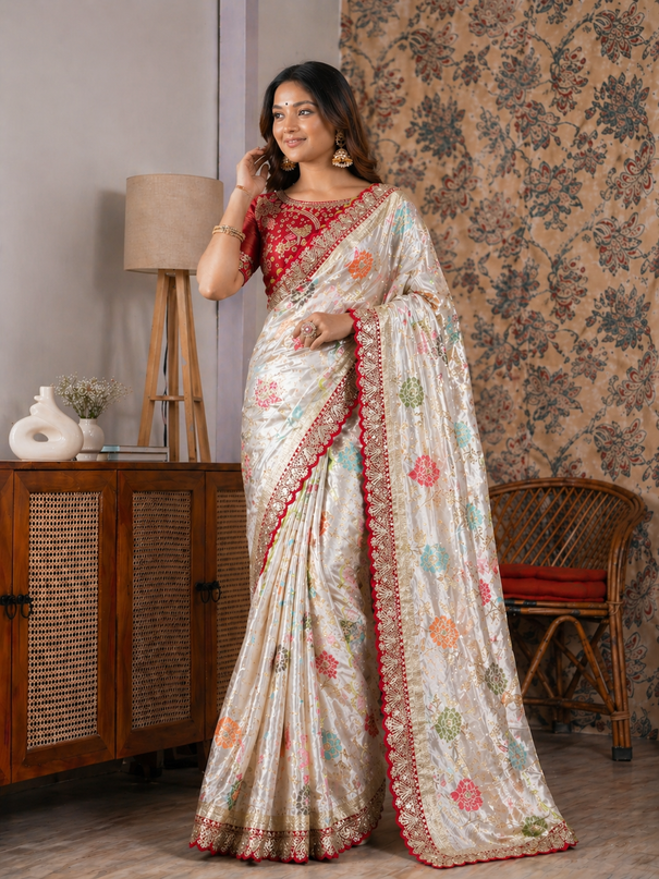 Beautiful Look Heavy Dolla Silk Saree With Meenakari Zari Weaving & Embroidery Sequence Border