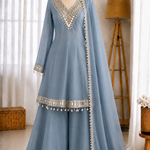 Beautifull Soft Chinon Long Kali Design Work Top Plazzo