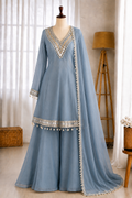 Beautifull Soft Chinon Long Kali Design Work Top Plazzo