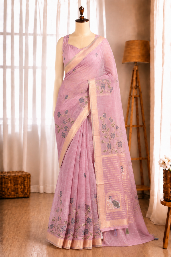Linen Cotton Motif Zari Thread Weaving Jacquard Saree