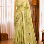 Linen Cotton Motif Zari Thread Weaving Jacquard Saree