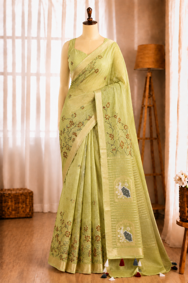 Linen Cotton Motif Zari Thread Weaving Jacquard Saree