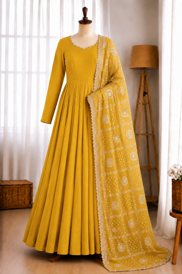 Pure Roman Silk Chanderi Embroidery Sequence Work Gown