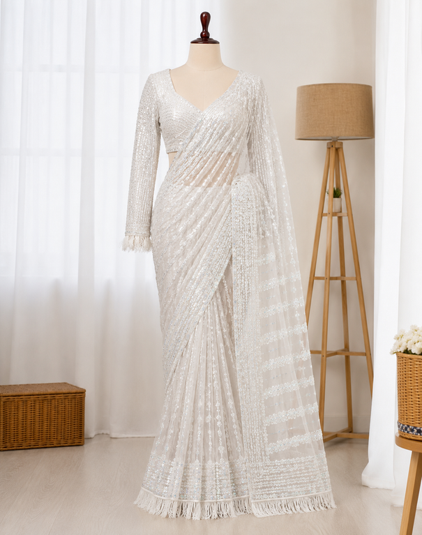 Mono Net Sequins Embroidered Saree Set
