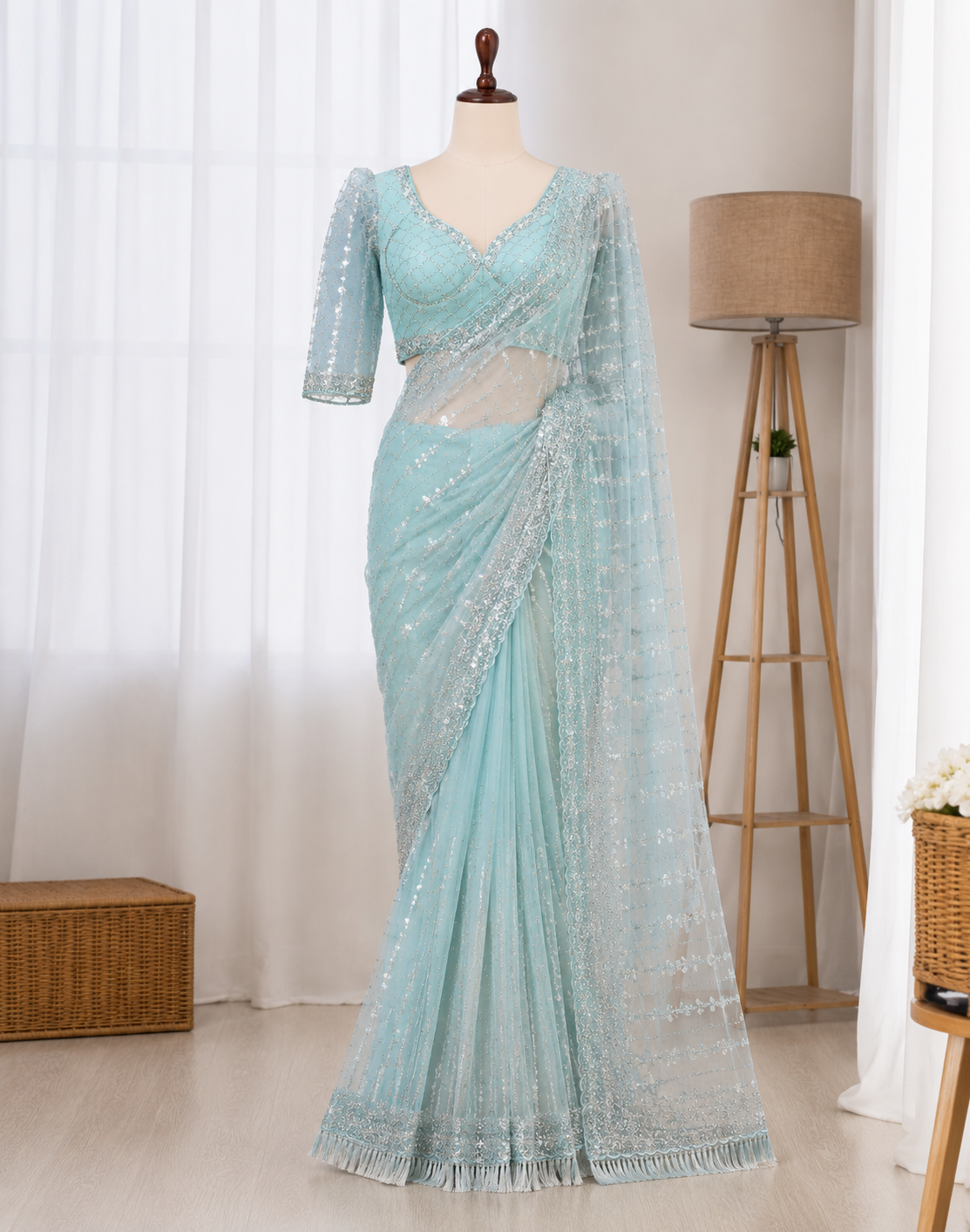 Soft Net Beads Pearl Work Saree Set