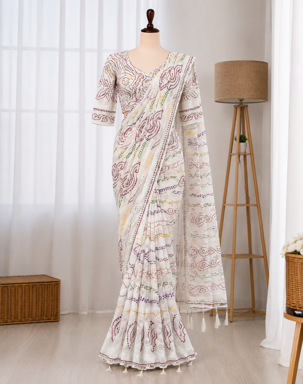 Moss Crepe Mirror Work Saree Set
