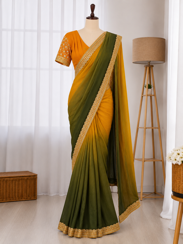 BEAUTIFUL TWO SHADE CHINON SILK PARTY WEAR SAREE