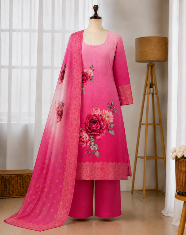WOMEN'S PREMIUM CHANDERI SILK WITH JACQARD PRINT DUPATTA TOP PANT SET