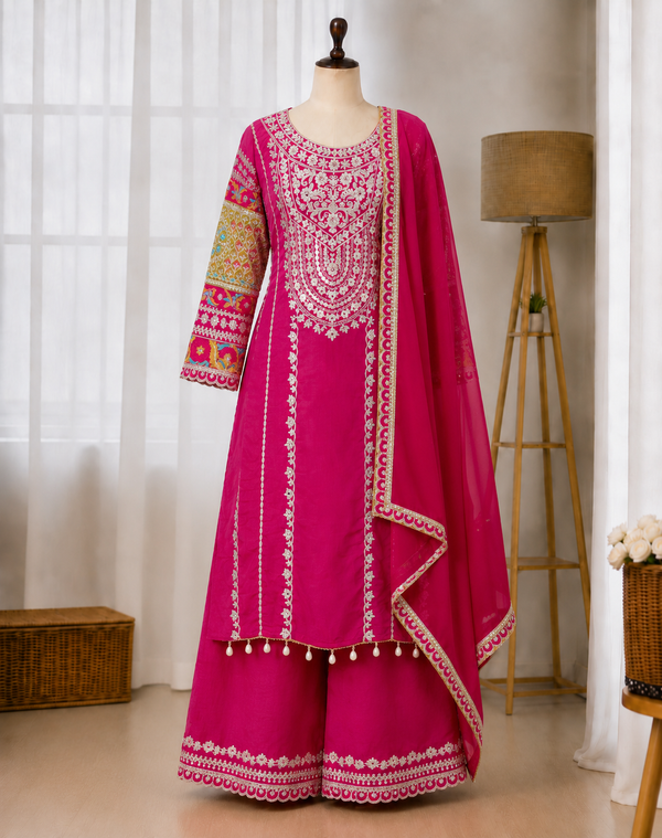 NEW VICHITRA SILK PARTY WEAR LOOK TOP PLAZZO AND DUPATTA SET FULLY STITCHED