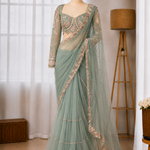 Beautiful Net Saree With Designer Embroidery Moti And Hand Diamond Work Heavy Blouse