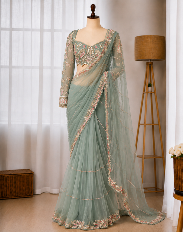 Beautiful Net Saree With Designer Embroidery Moti And Hand Diamond Work Heavy Blouse