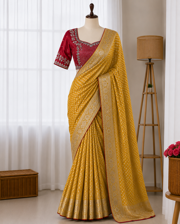 Designer Pure Banarasi Saree With Weaving Motifs & Contrast piping saree