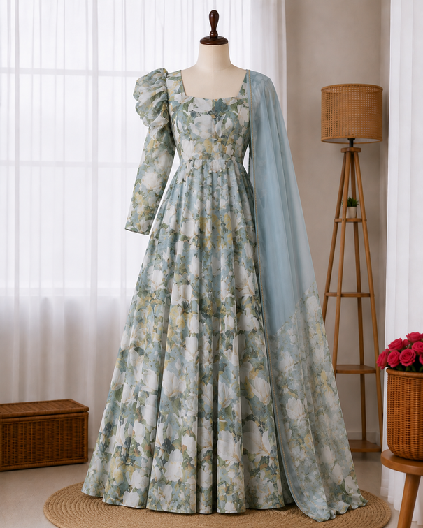 New Wear Organza Silk Floral Print Anarkali