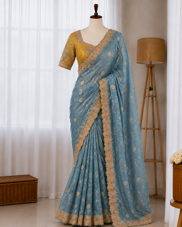 Heavy Dolla Silk Embroidered Saree Set