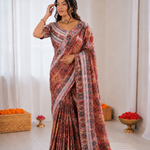 Beautiful Soft Rich Japan Satin Digital Print Aari Mirror Work Saree