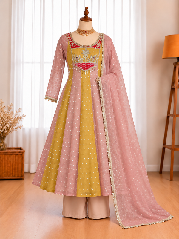 Pure Salsa Crush Gown with Sequin Embroidery, Pant & Fancy Lace Dupatta