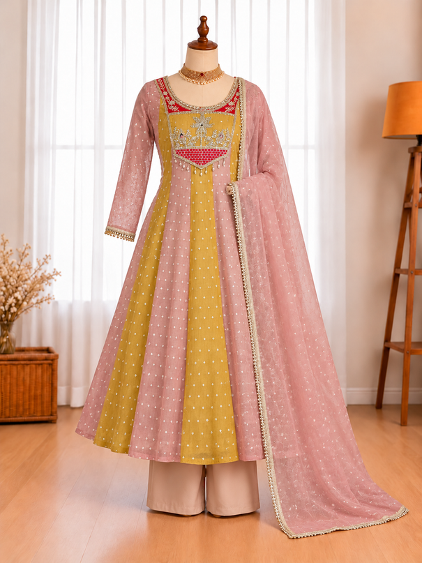 Pure Salsa Crush Gown with Sequin Embroidery, Pant & Fancy Lace Dupatta