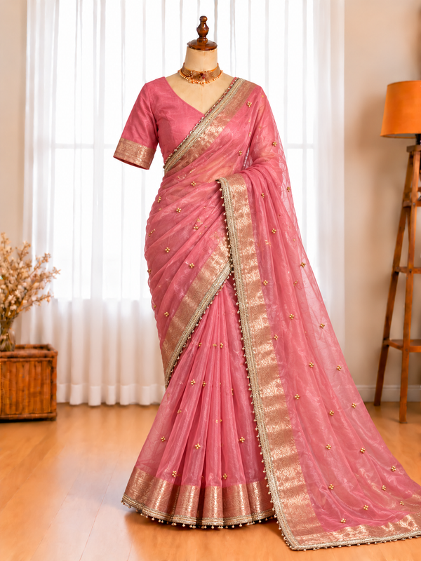 Soft Tissu Silk Saree with Real Ghungroo Work & Unstitched Blouse
