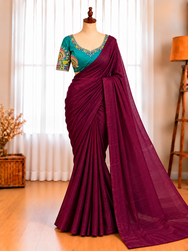 Pure Fendy Satin Dual Shade Saree with Fancy Tassels & Beaded Blouse