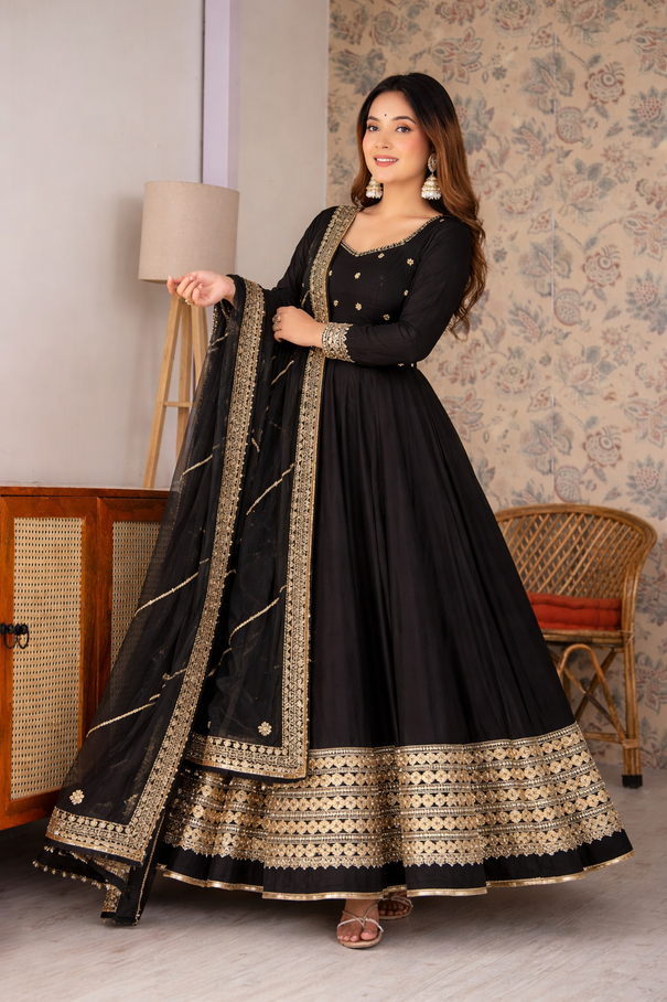 Designer Chinon Silk Heavy Sequence Work Anarkali Set With Dupatta