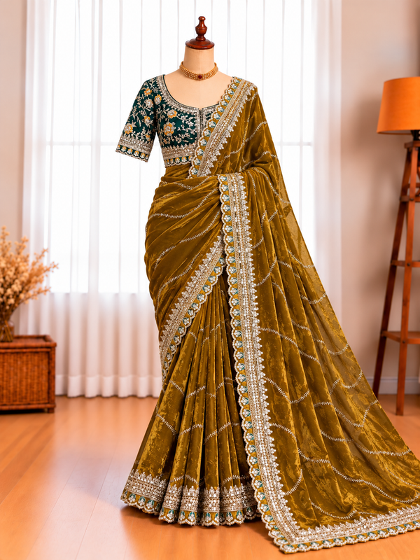 Soft Space Silk Saree with Bead, Sequin & Zari Embroidery and Heavy Embroidered Stitched Blouse