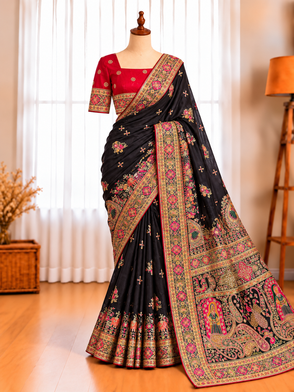 Rajwadi Pashmina Silk Saree with Kashmiri Thread & Zari Weaving Work