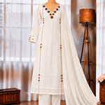 Lightweight Mul Chanderi Top Pant Set with Multi-Thread Handwork & Dupatta