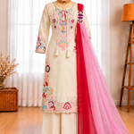 Pure Heavy Natural Satin Top Farshi Pant Set with Embroidery & Georgette Dupatta