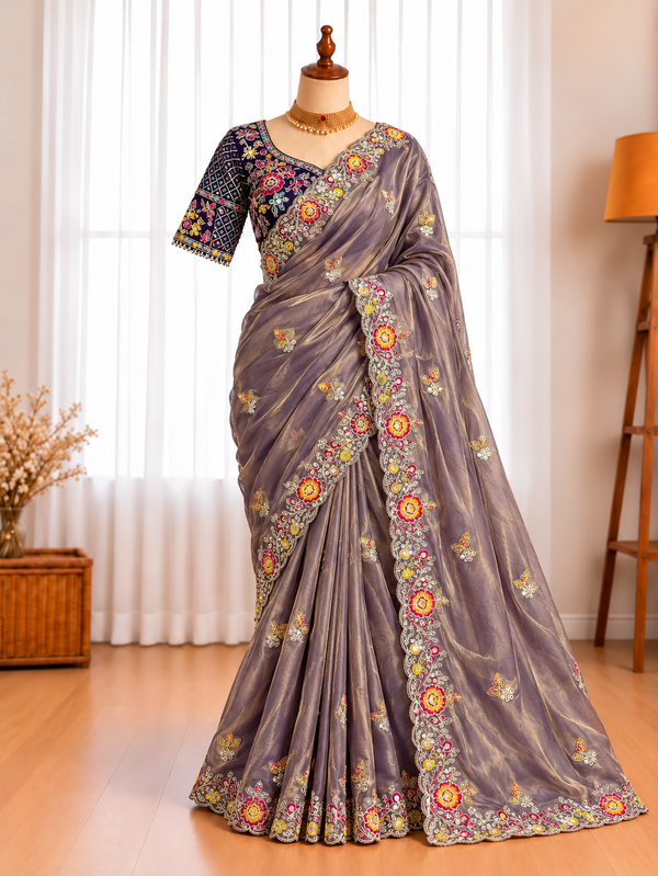 Fendy Satin Saree with Elegant Cording Work & Matching Stitched Cording Work Blouse