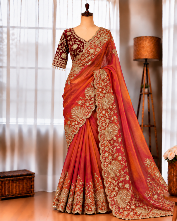 Fendy Silk Saree with Zari & Sequin Embroidery Work