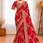 Fendy Satin Saree with Elegant Embroidery Work & Stitched Embroidered Blouse