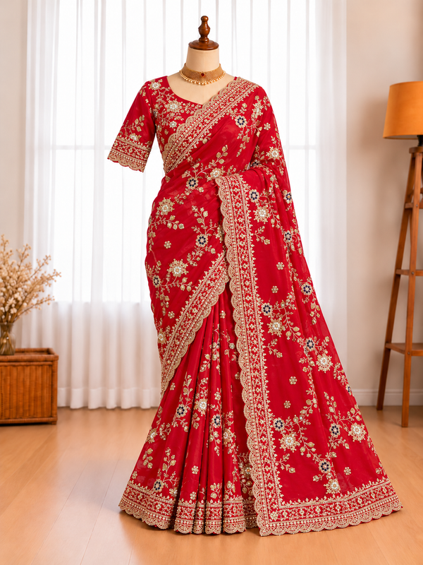 Fendy Satin Saree with Elegant Embroidery Work & Stitched Embroidered Blouse