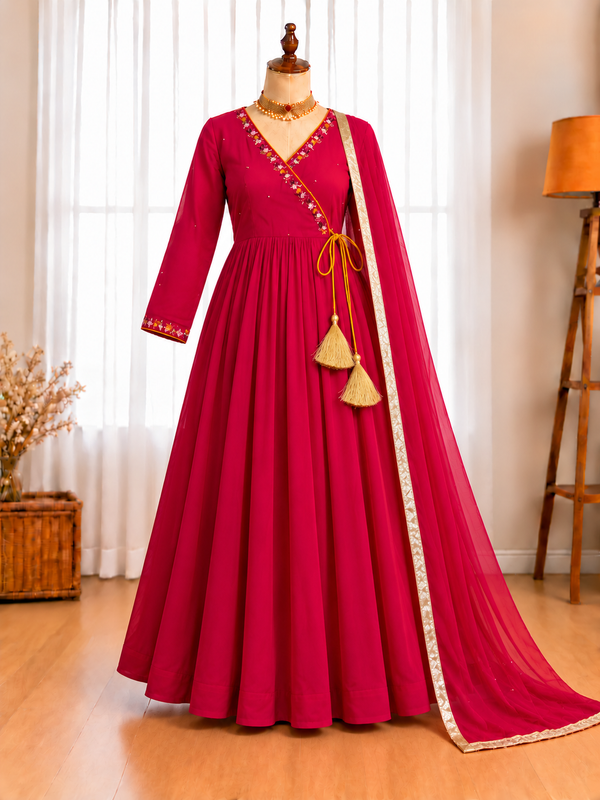 Roman Silk Gown with Hand Embroidery & Printed Organza Dupatta