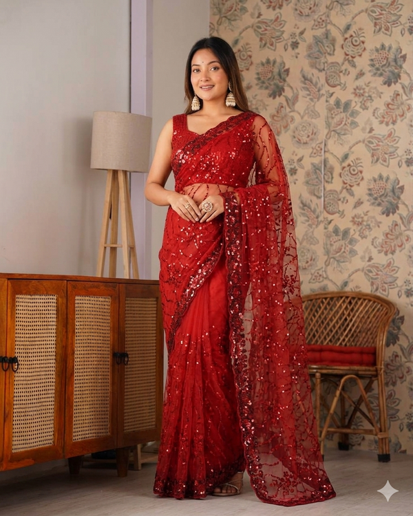 Beautifull Butterfly Net With Sequience Work Saree