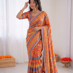 Beautiful Elegant Rich Look Digital Print Aari & Real Mirror Work Japan Satin Saree
