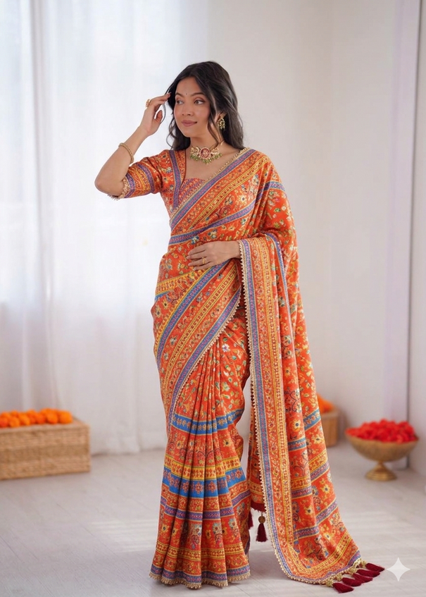 Beautiful Elegant Rich Look Digital Print Aari & Real Mirror Work Japan Satin Saree