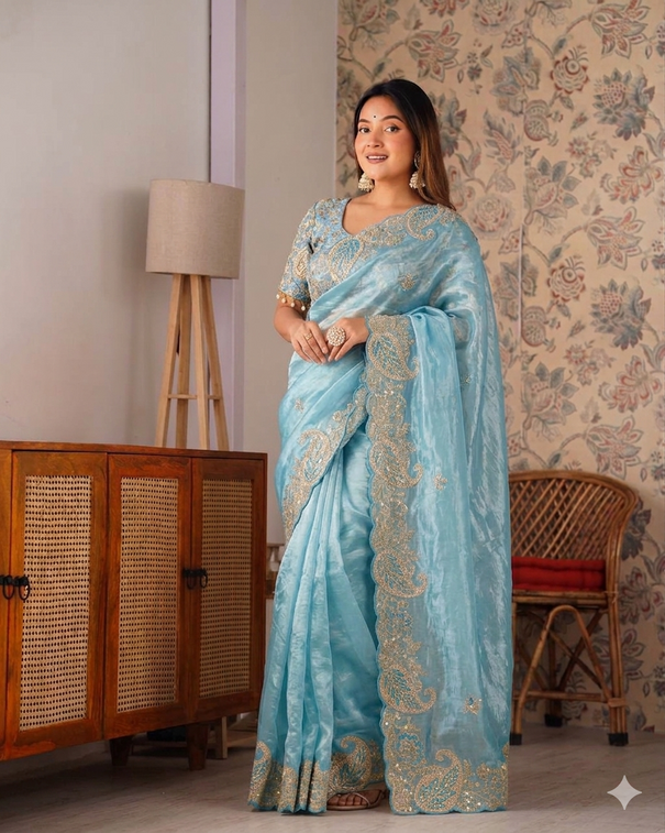 Beautifull Pure Crystal With Embroidery Work Saree