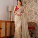 Beautifull Beige Color Jimmy Chu Thred & Sequience Work Saree