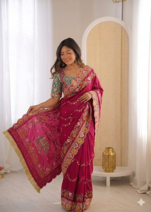 Beautiful Rangoli Silk Saree With Dori & Mirror Touch Work