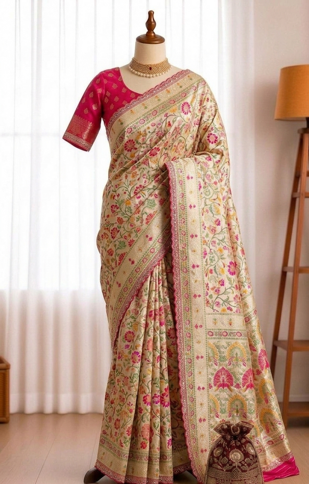 Pure Raw Silk Kashmiri Saree with Meenakari Weaving & Embroidered Blouse