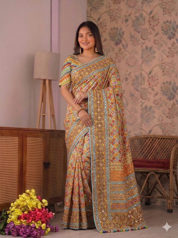 Beautiful Chinon Silk  With Print And Real Mirror Work saree