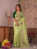 Beautiful Fandy Satin Saree With Handwork Butta And Cutdana Work