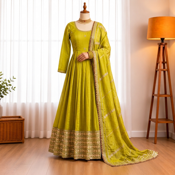 Chinon Silk Anarkali Suit with Heavy Coding, Sequin & Gotta Work