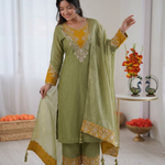Beautiful Heavy Crunchy Silk Suit Set With Elegant Embroidery Cut Work