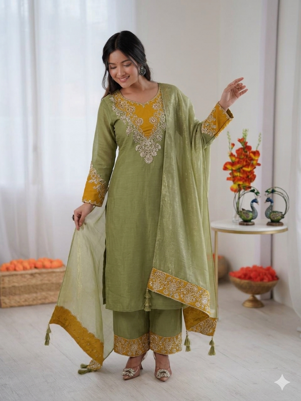 Beautiful Heavy Crunchy Silk Suit Set With Elegant Embroidery Cut Work