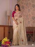 Beautiful Fandy Satin Saree With Handwork Butta And Cutdana Work