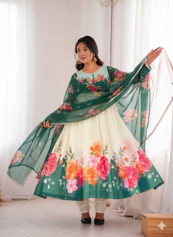 Beautifull Rama Color Fox Georgette Hand Work Gown